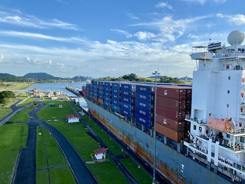 Container ship in the Panama Canal locks